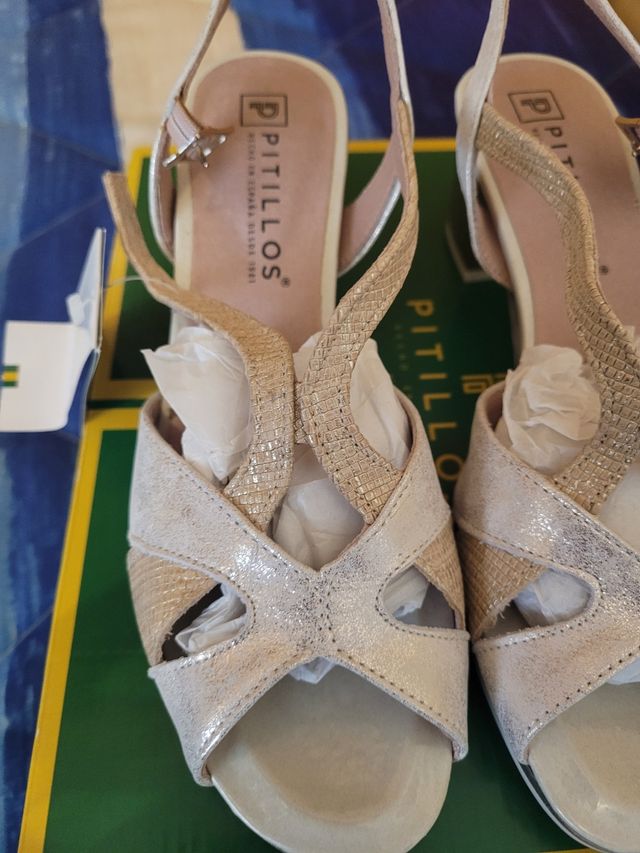 Zapatos Pitillos Mujer Talla 38 Beige/Dorado