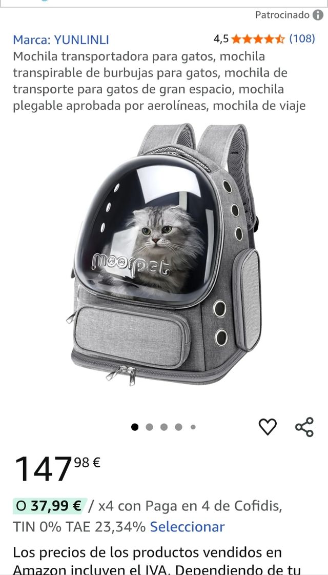 Mochila Transportin Nueva para mascotas