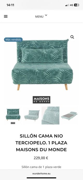 Sillón cama terciopelo 1 plaza verde