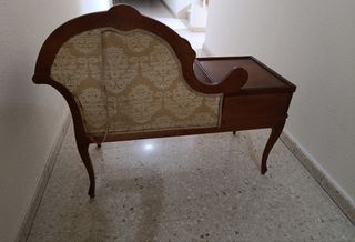 Mueble teléfono antiguo madera y tela vintage