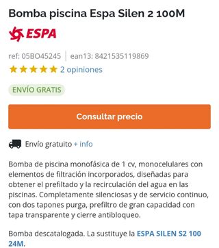 Bomba piscina Espa Silen2 100M 1CV a Estrenar