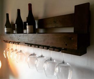 Botellero Vino y Copas Artesanal Madera Oscura