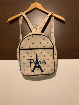 Mini mochila París beige con flores azules