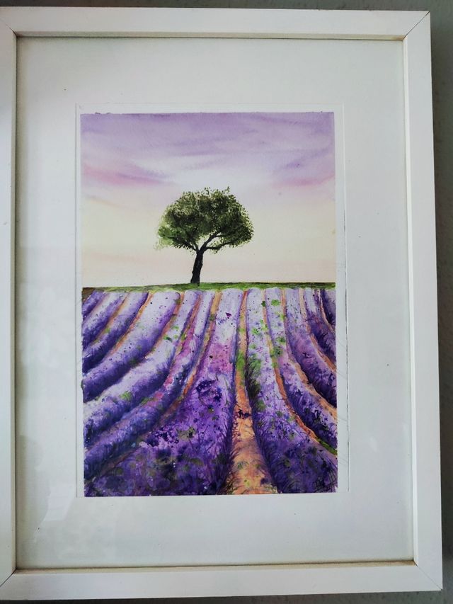 Cuadro acuarela original paisaje campo lavanda