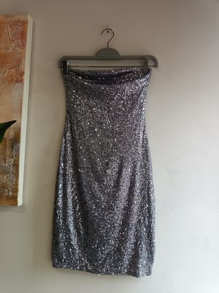 Vestido fiesta lentejuelas plateado T-S