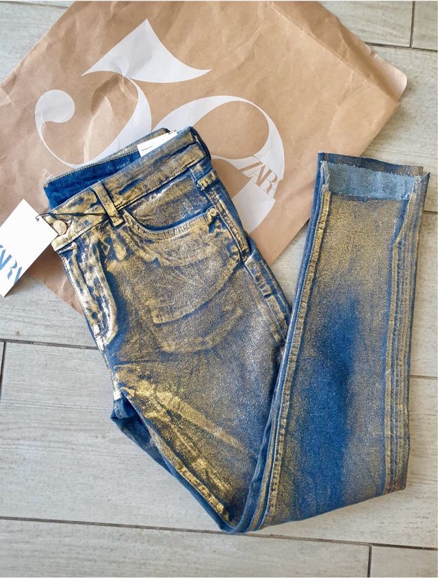 Pantalones Zara Azul y Dorado