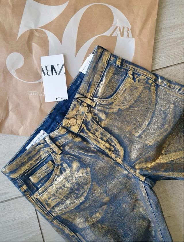 Pantalones Zara Azul y Dorado