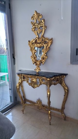 Consola recibidor antigua madera y mármol