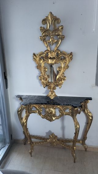 Consola recibidor antigua madera y mármol