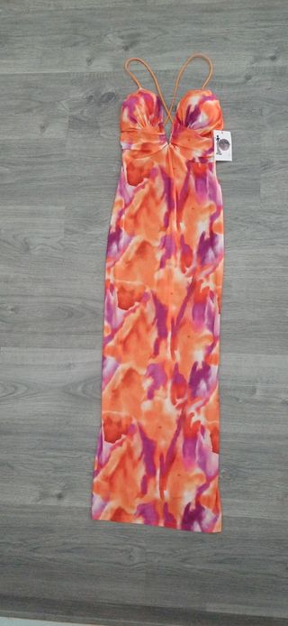 Vestido largo estampado naranja y fucsia