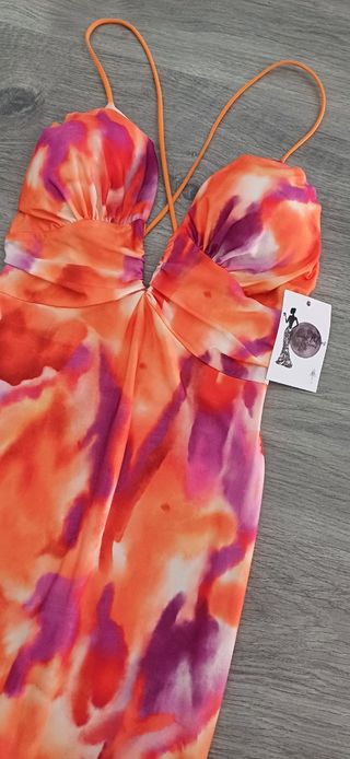 Vestido largo estampado naranja y fucsia