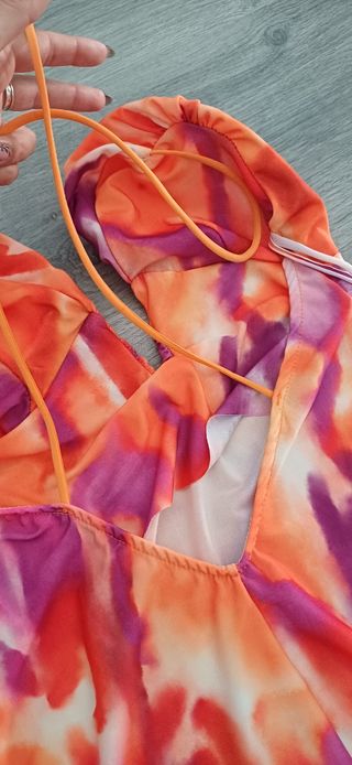 Vestido largo estampado naranja y fucsia