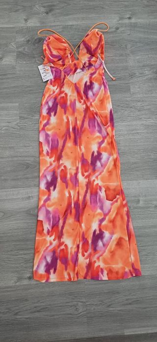 Vestido largo estampado naranja y fucsia