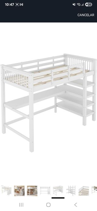 Cama alta con escritorio y estanterías