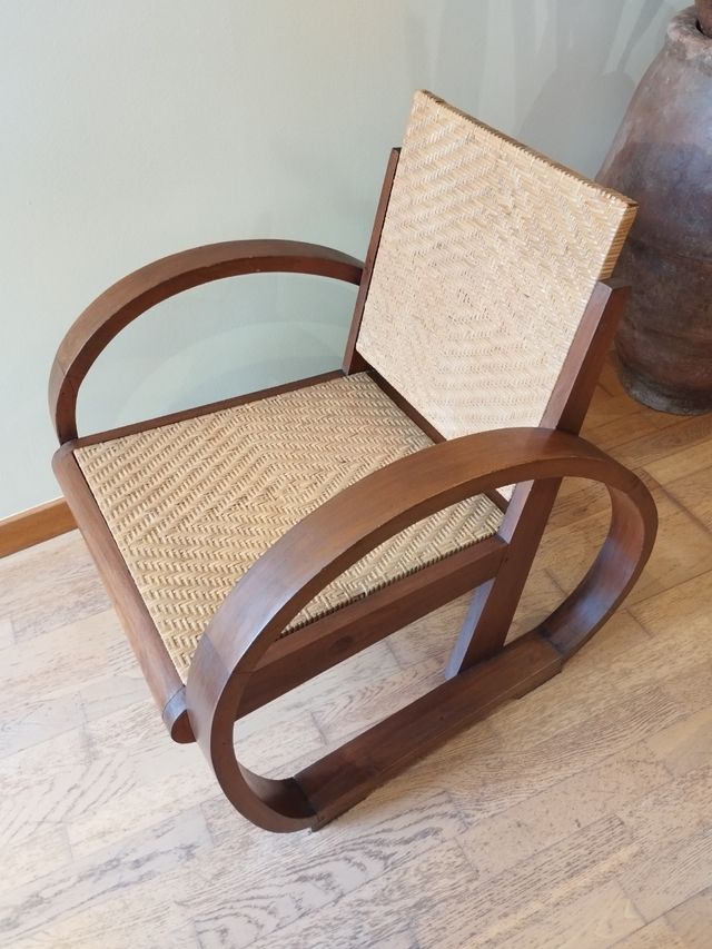 Butaca colonial madera de teka y mimbre