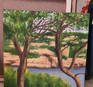 Cuadro paisaje río y árboles