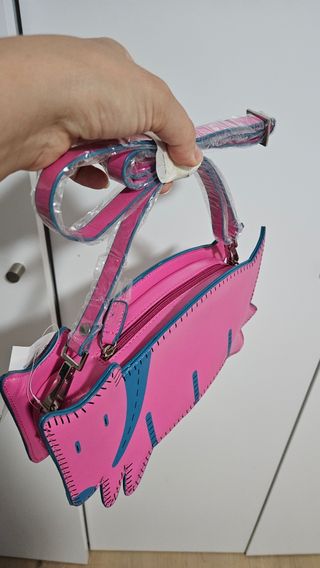 Bolso de mano con forma de perro rosa y azul