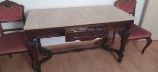 2 sillas y mesa Vintage de madera y mármol