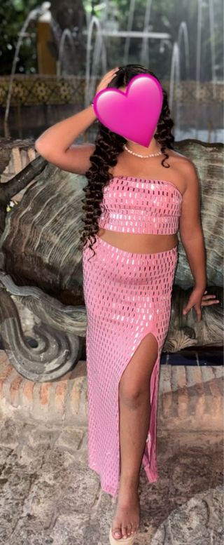 Conjunto falda y top rosa pedrería niña