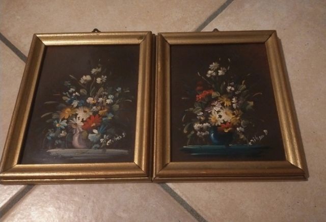 2 Quadretti Pittura Olio Vaso Fiori Vintage