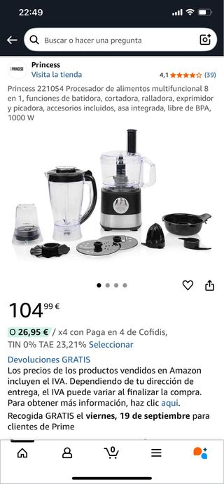 Batidora. Procesador Alimentos Princess 8 en 1