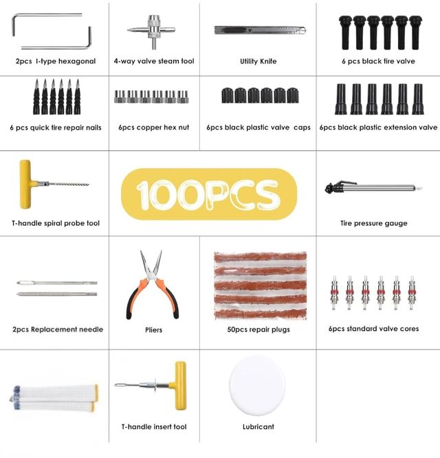 Kit Reparación Neumáticos 100 Piezas