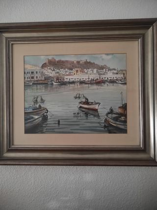 Acuarela de puerto con barcos al fondo la alcazaba