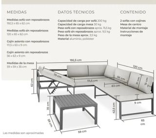 Sofá exterior aluminio tectake gris