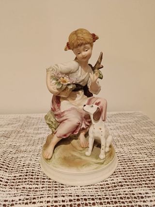 Figura Porcelana K.K. Crown China Niña y Perro