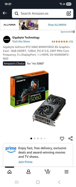 Gigabyte RTX 5060 WINDFORCE 8G Tarjeta Gráfica