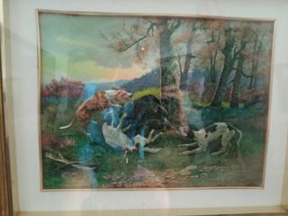 Cuadro de caza con perros y ciervo
