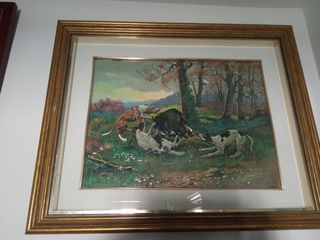 Cuadro de caza con perros y ciervo
