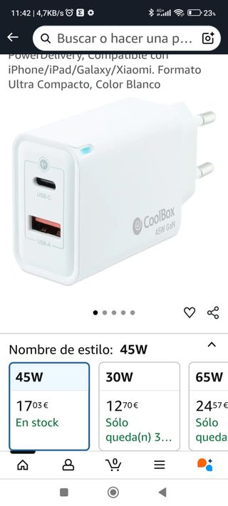 Cargador CoolBox 45W GaN USB-C y USB-A
