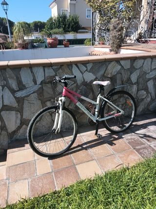 Bicicleta rosa y blanca.