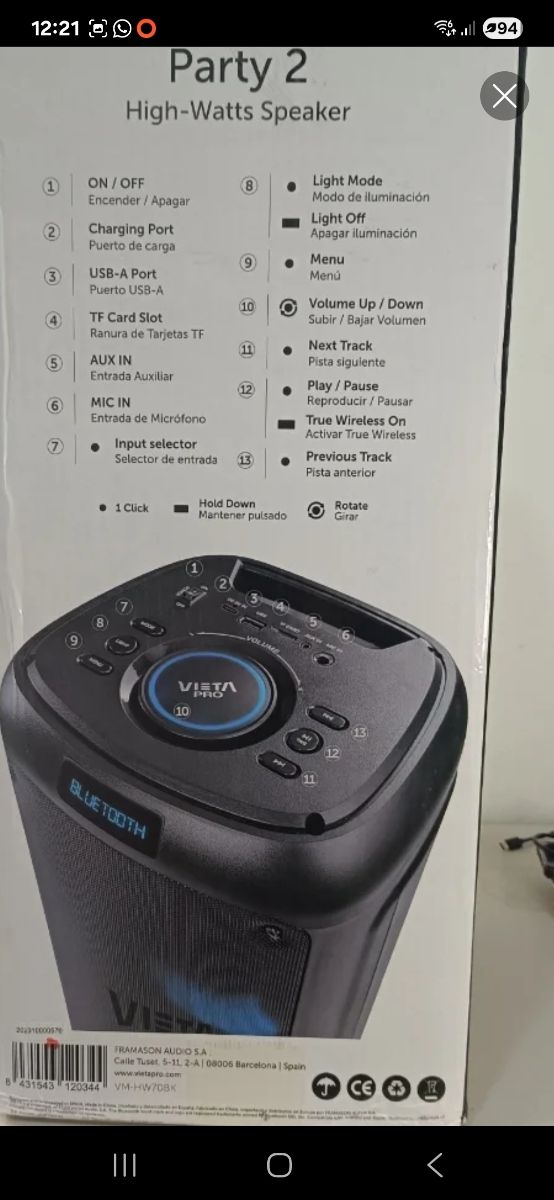 Altavoz Vieta Party 2 Bluetooth 100W