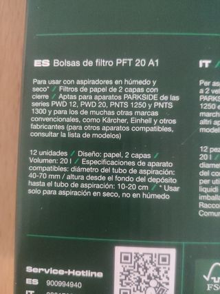 Bolsas de filtro Parkside 12 unidades