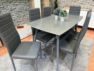 Mesa comedor gris + 6 sillas polipiel