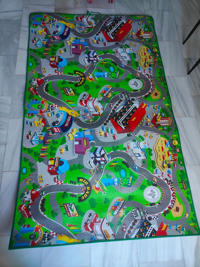 Alfombra infantil de carreras y bomberos, 200x120