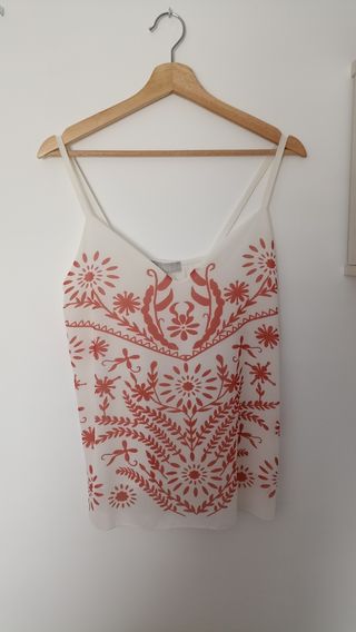 Blusa tirantes blanca flores rosas Talla L
