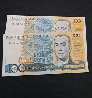 Banconote Brasile 100 Cruzados 2pz Ser Consecutiva