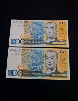 Banconote Brasile 100 Cruzados 2pz Ser Consecutiva