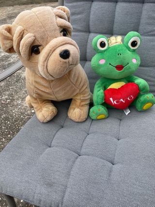 Lote de 2 peluches: perro y rana