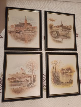 4 Láminas Decorativas Marco Negro/Dorado