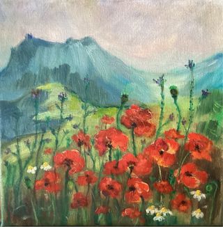 Cuadro al óleo de Amapolas y Montañas