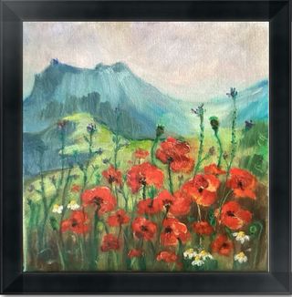 Cuadro al óleo de Amapolas y Montañas