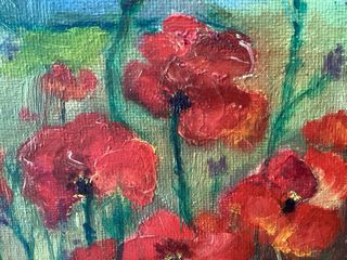 Cuadro al óleo de Amapolas y Montañas