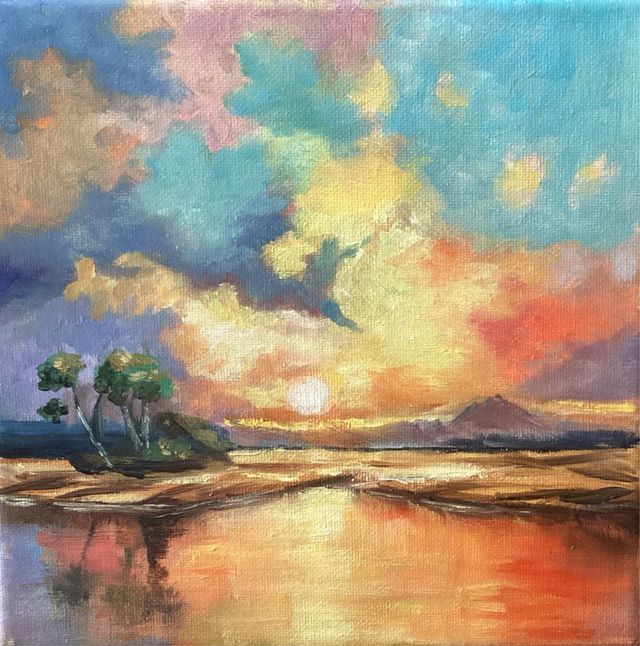 Cuadro al óleo paisaje atardecer