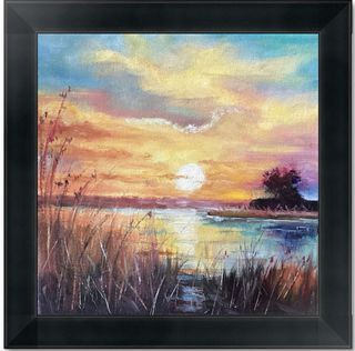 Cuadro al óleo de paisaje al atardecer