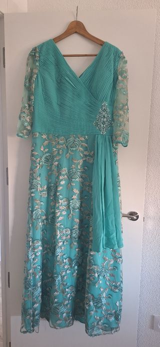 Vestido de fiesta largo dorado y turquesa