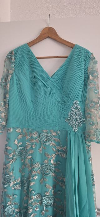 Vestido de fiesta largo dorado y turquesa